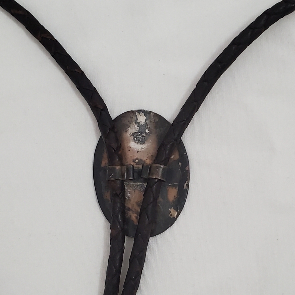 Vintage Native American Sterling Silver Abalone & Leather Bolo Tie - Picture 8 of 13